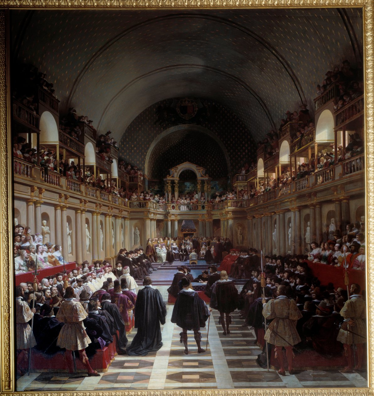 Die Generalstände von Paris am 27. Oktober 1614. Die Versammlung fand im Louvre statt, König Ludwig XIII. präsidierte zusammen mit seiner Mutter Marie de Medici. Gemälde von Jean Alaux (1786-1864), genannt der Römer von Jean Alaux