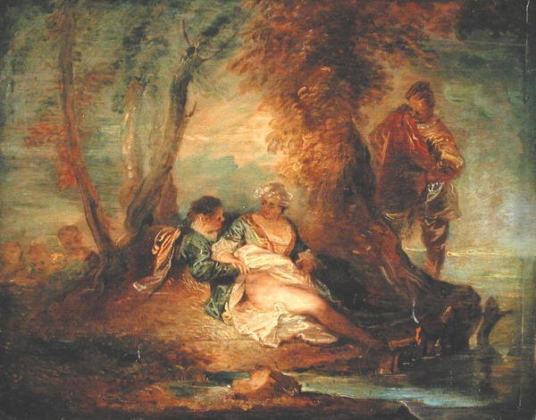 Figuren in Landschaft, ca. 1700 (Öl auf Holztafel) von Jean Antoine Watteau