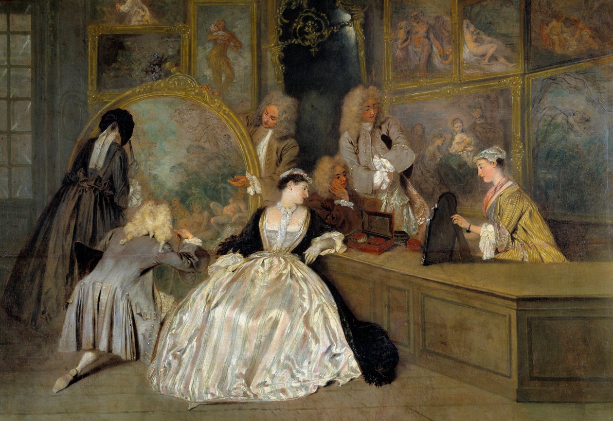 Die Wahl. Rechtes Detail des Schildes von Gersaint. Figuren in einem Kunstladen, die die Werke auswählen, die sie kaufen möchten. Edme François Gersaint (1694-1750), Kunsthändler, dessen Galerie sich in Paris auf der Pont Notre-Dame befindet. Gemälde von J von Jean Antoine Watteau