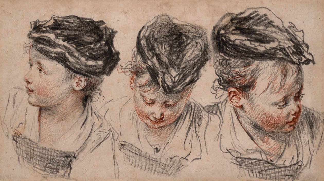 Drei Kopfstudien eines Mädchens mit Hut von Jean Antoine Watteau