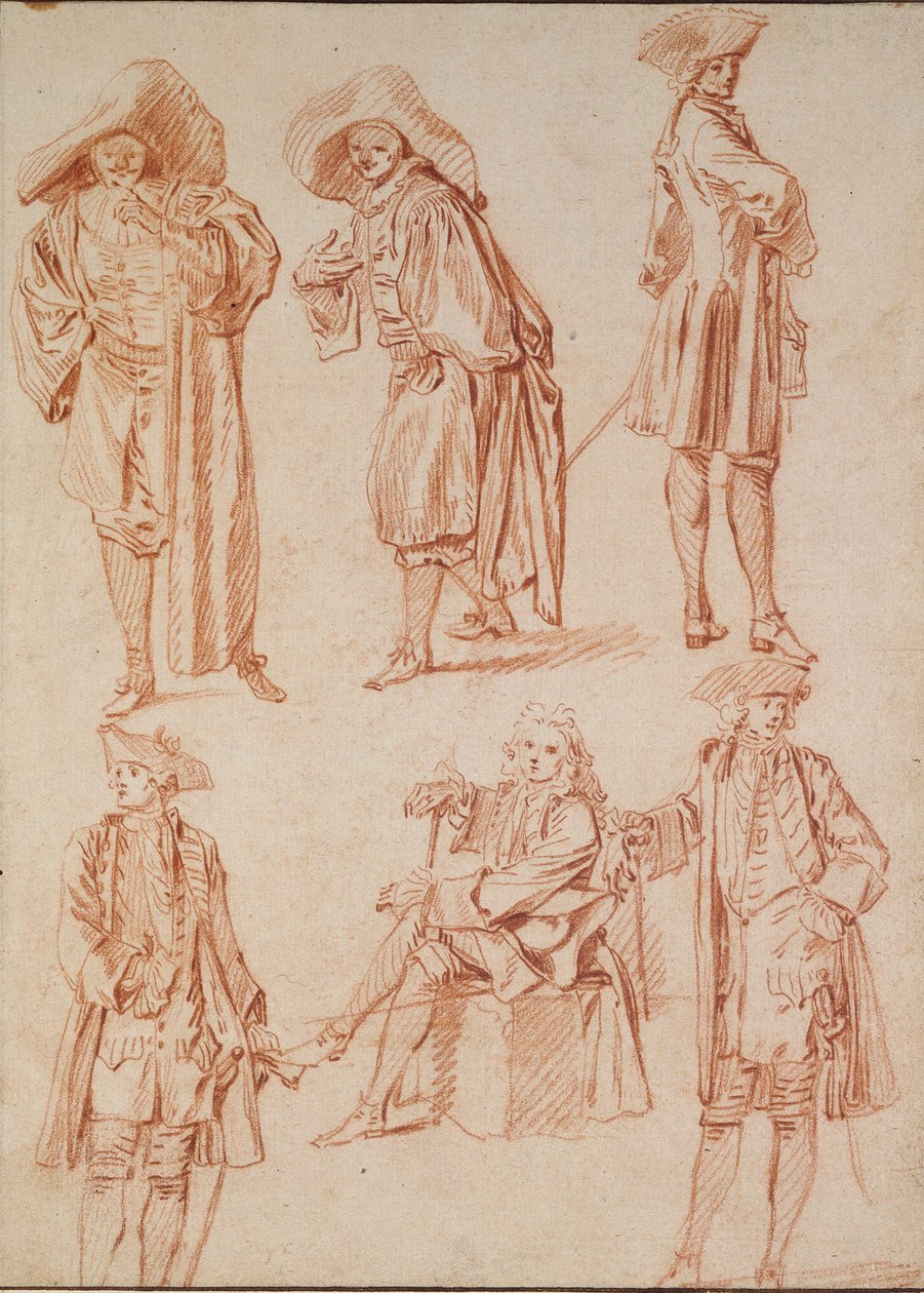 Zwei Studien des Arztes in der italienischen Komödie und vier Offiziere, 18. Jahrhundert von Jean Antoine Watteau