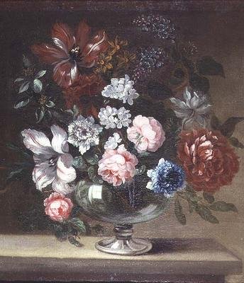 Rosen, Tulpen und andere Blumen in einer Vase von Jean Baptiste (follower of) Monnoyer