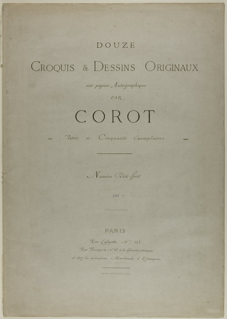 Umschlag und Text für Album Douze Croquis et Dessins Originaux von Jean Baptiste Camille Corot