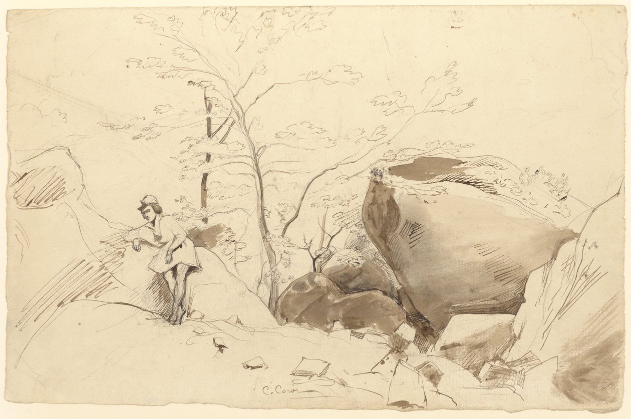 Fontainebleau, Figur, die sich gegen einen Felsen lehnt von Jean Baptiste Camille Corot