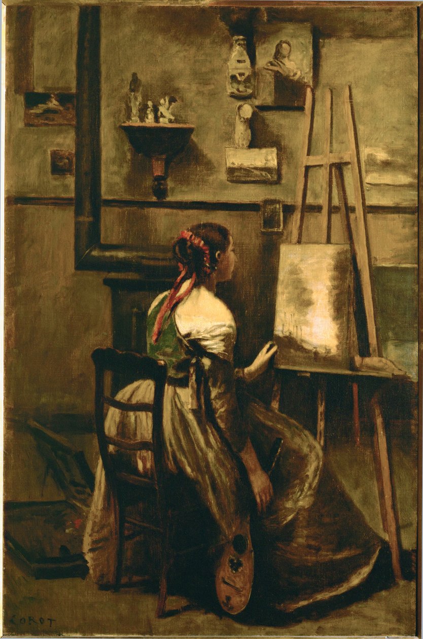 Das Atelier von Corot - junge Frau vor einer Staffelei von Jean Baptiste Camille Corot