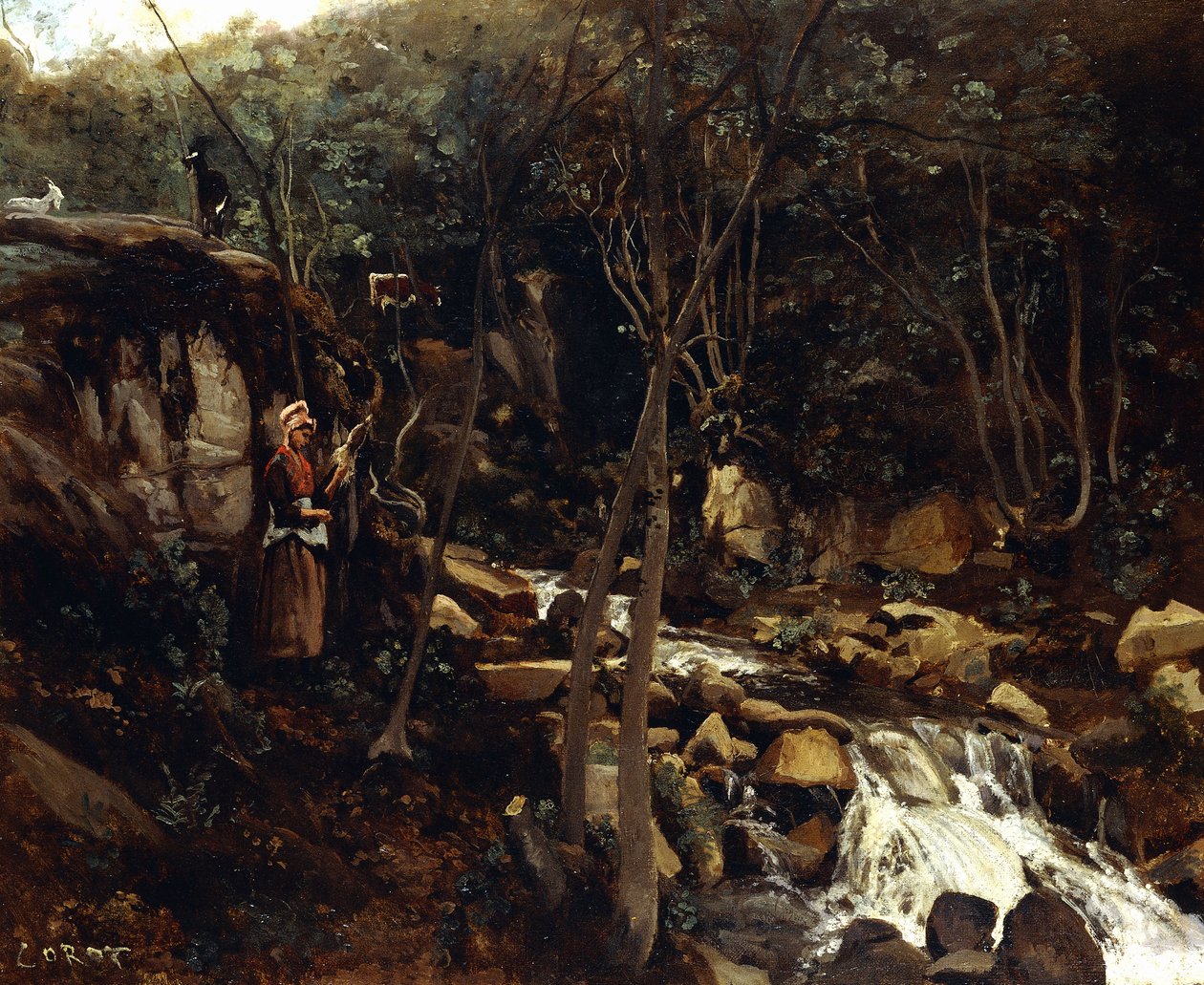 Lormes - Ein Wildbach mit einer stehenden Bäuerin, die Wolle spinnt, 1842 von Jean Baptiste Camille Corot