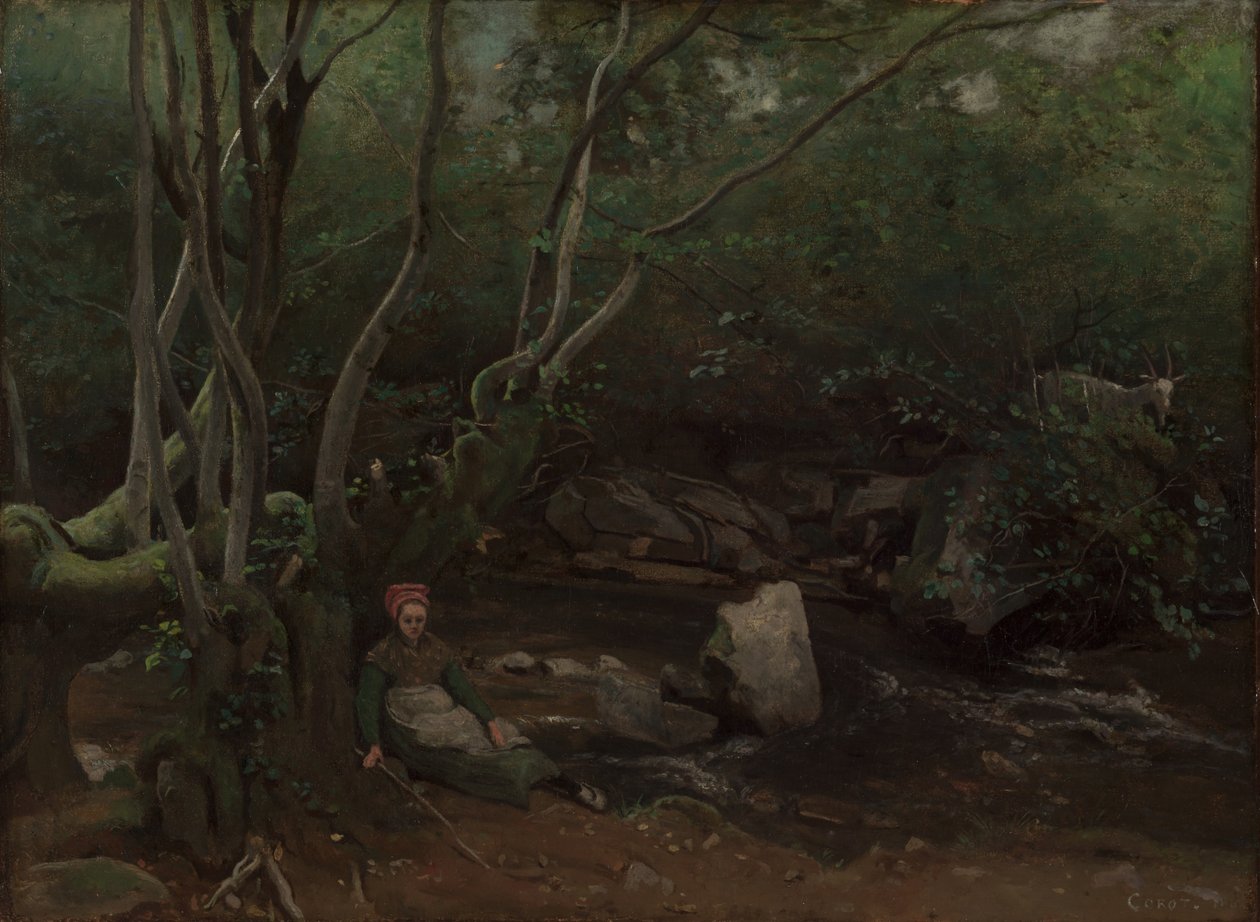 Lormes: Ziegenmädchen sitzt neben einem Bach im Wald von Jean Baptiste Camille Corot