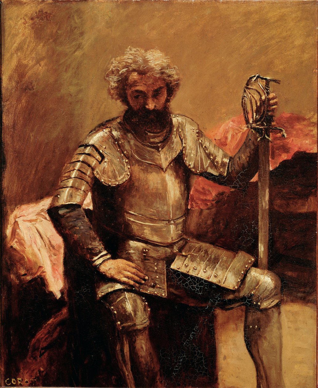Mann in Rüstung oder Mann der Waffen sitzend von Jean Baptiste Camille Corot