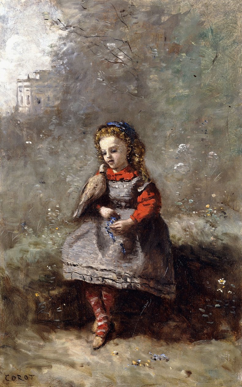 Mlle. Leotine Desavary hält eine Taube von Jean Baptiste Camille Corot