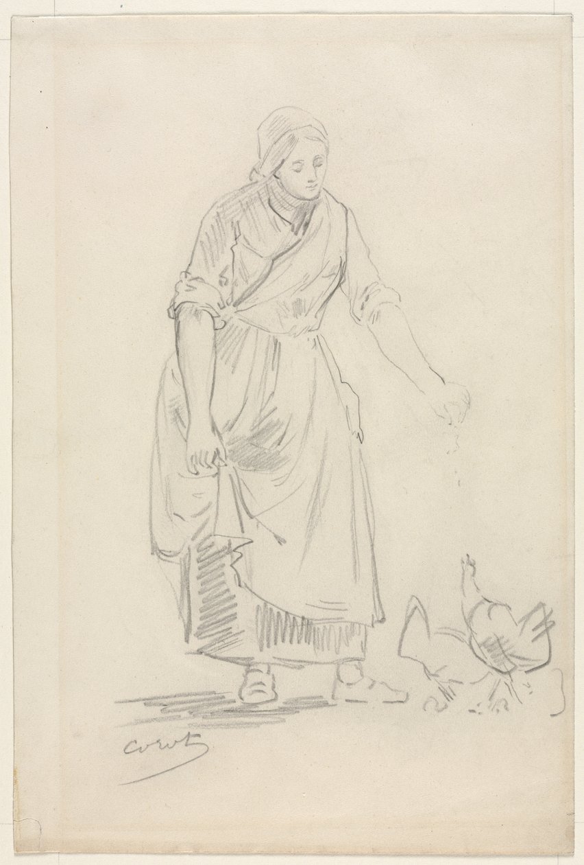 Bauernmädchen füttert Hühner, 1800er von Jean Baptiste Camille Corot