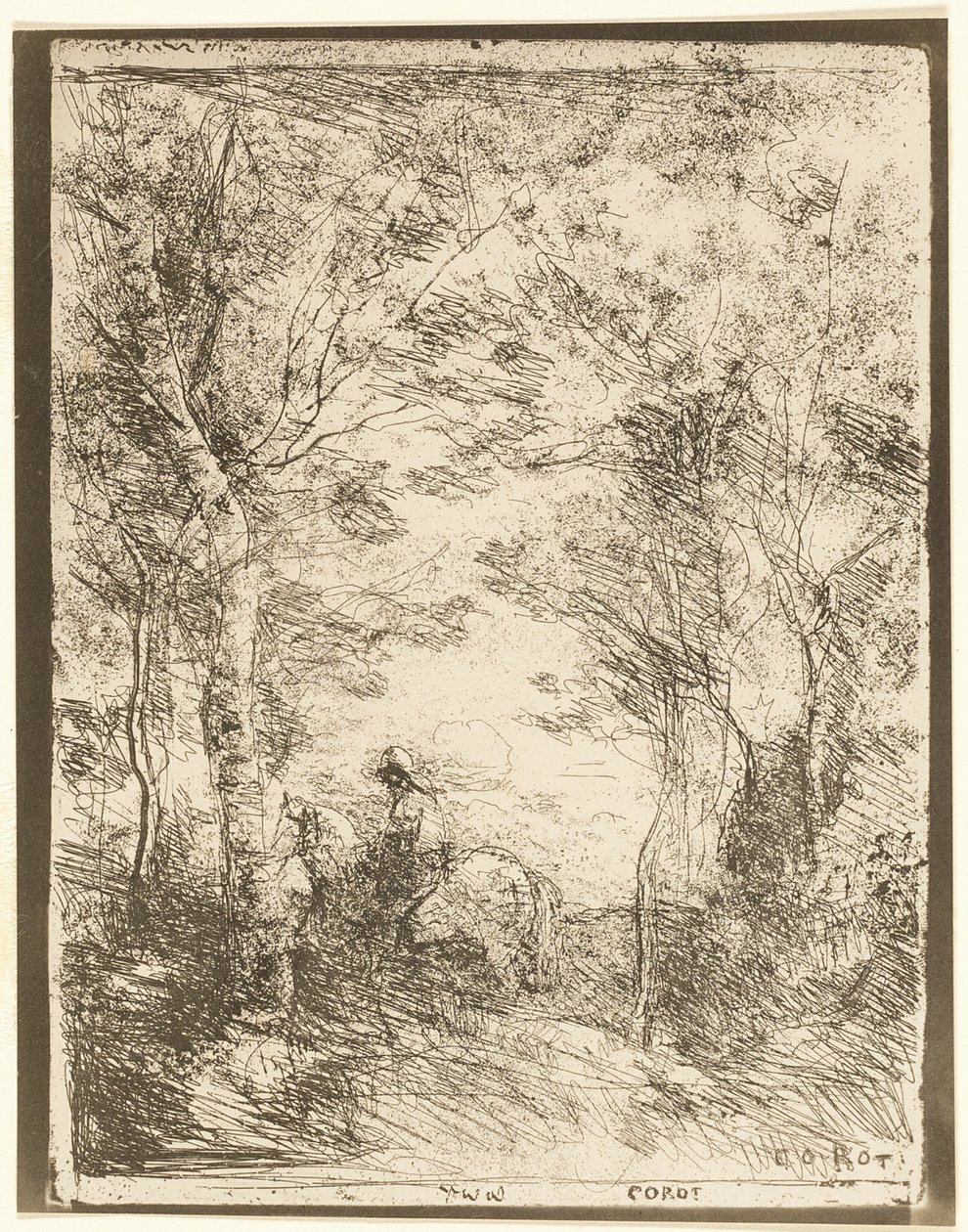 Der Reiter im Wald, kleine Platte von Jean Baptiste Camille Corot