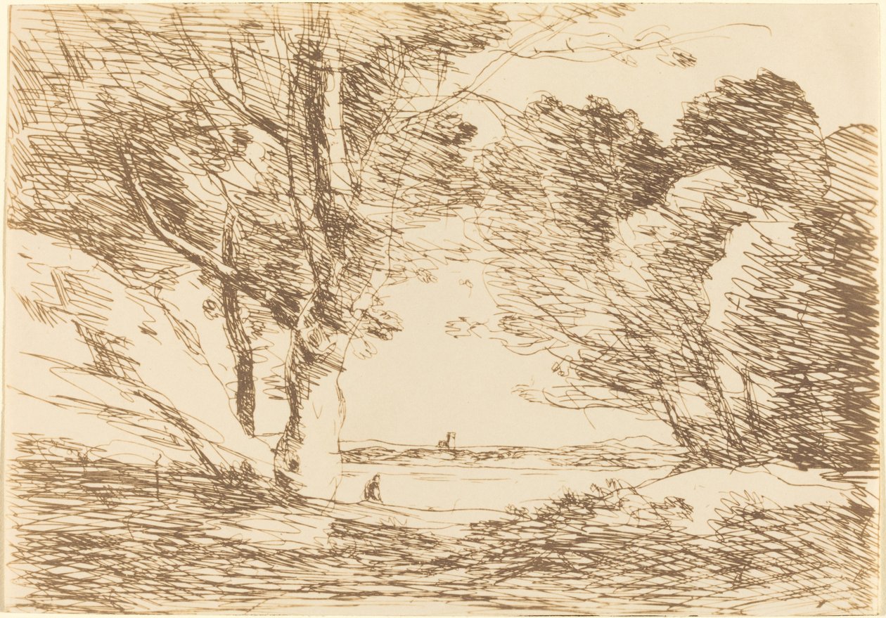 Turm am Horizont eines Sees von Jean Baptiste Camille Corot