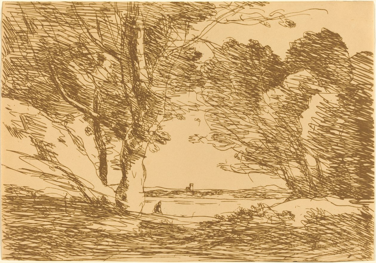 Turm am Horizont eines Sees von Jean Baptiste Camille Corot