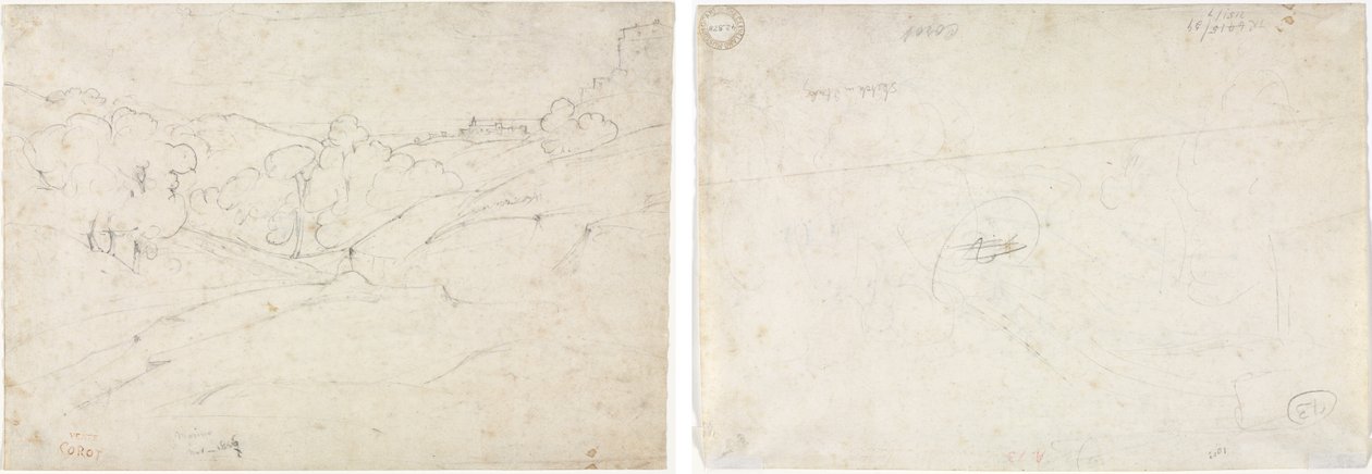 Ansicht von Marino (recto); Skizze für eine Landschaft (verso) von Jean Baptiste Camille Corot