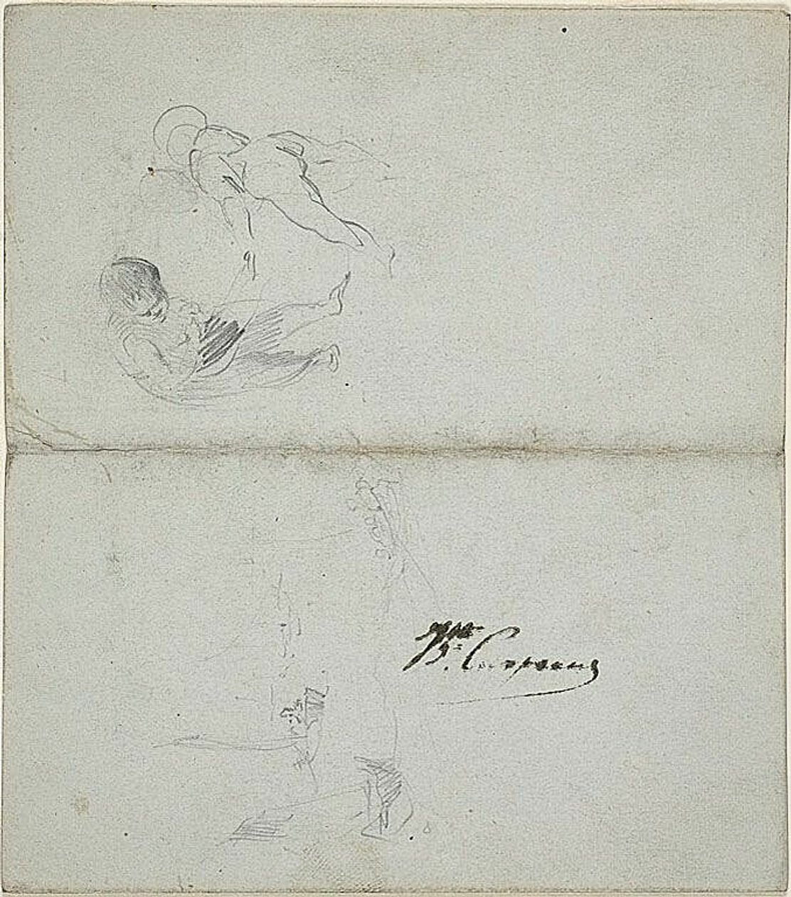 Skizzen von zwei Kindern, Boote auf See (recto); Skizzen einer schreitenden männlichen Figur mit Stab und Küstenszene (verso) von Jean Baptiste Carpeaux
