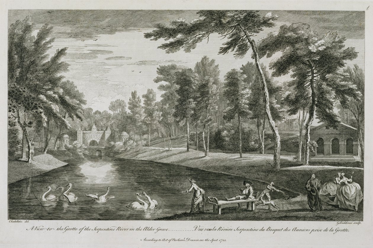 Ein Blick auf die Grotte des Serpentine River im Erlenhain von Stowe, 1753, graviert von George Bickham von Jean Baptiste Claude Chatelain