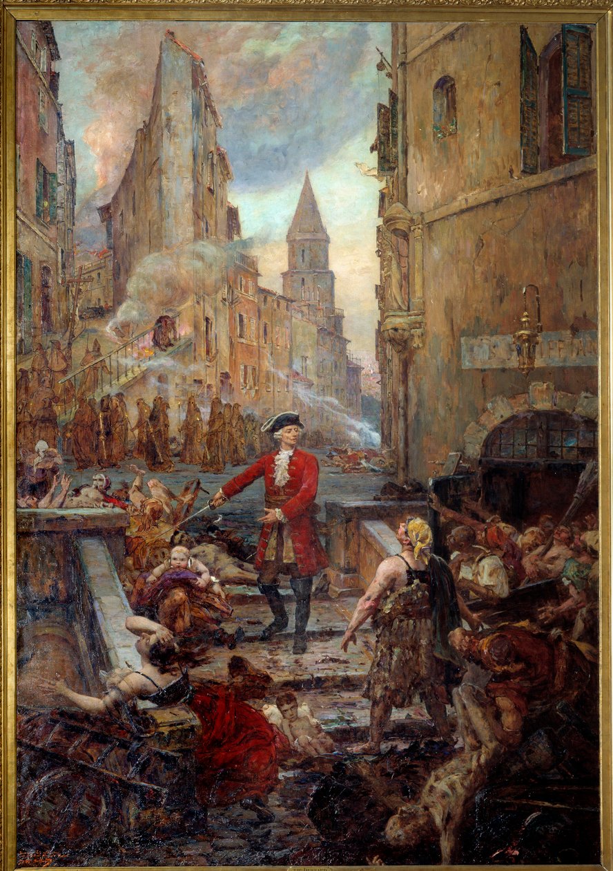 Der Chevalier Roze an der Montee des Aroules in Marseille. Nicola Roze (1675-1733) befreit das Armoules-Viertel in Marseille von den Leichen der Pestopfer während der großen Pest von 1720 von Jean Baptiste Duffaud