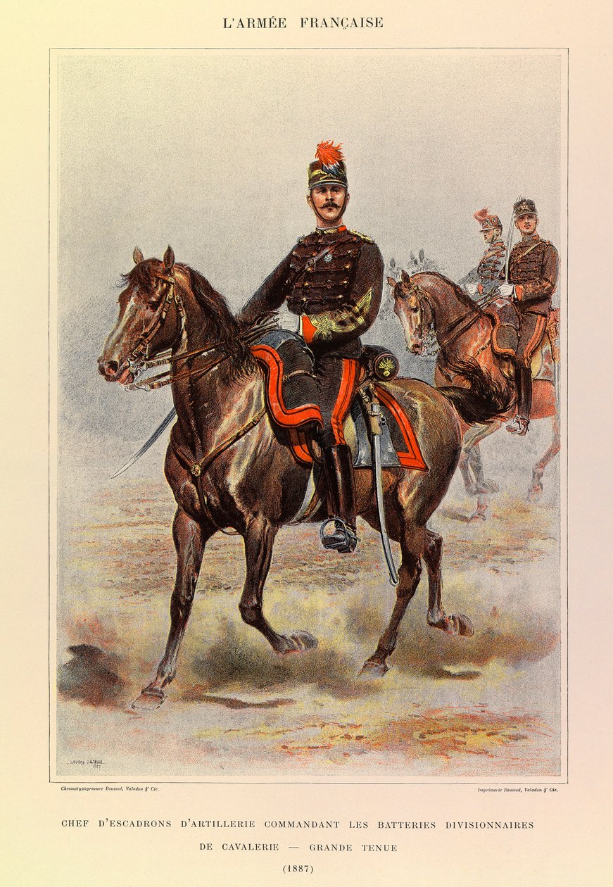 Typen und Uniformen der französischen Armee von Hauptmann Jules Richard, illustriert von Edouard Detaille (1848-1912): Chef der Artillerie-Eskadron, der die Divisions-Kavallerie-Batterien in großer Uniform im Jahr 1887 kommandiert, Privatbesitz von Jean Baptiste Edouard Detaille