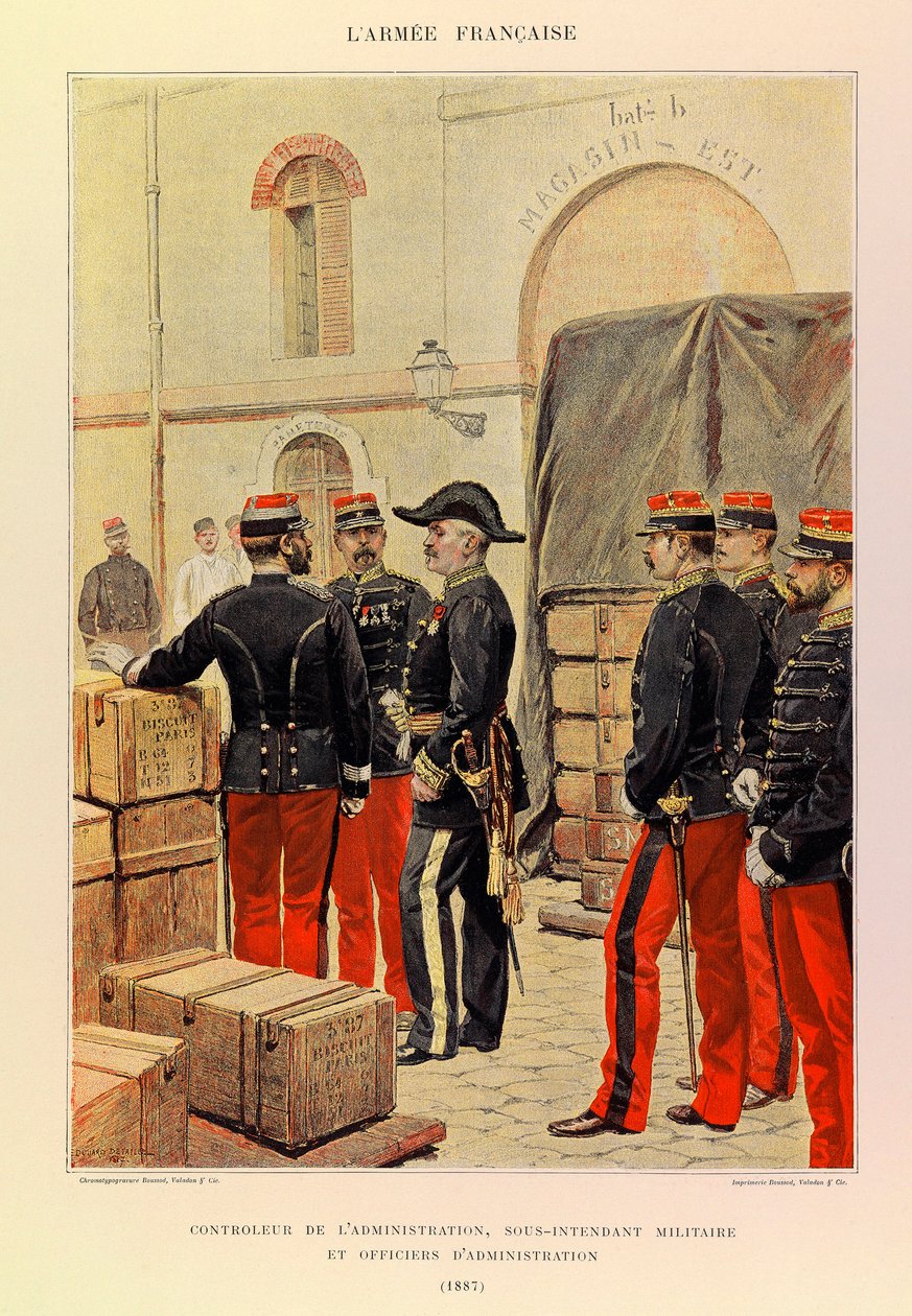 Typen und Uniformen der französischen Armee von Hauptmann Jules Richard, illustriert von Edouard Detaille: Verwaltungscontroller, stellvertretender Militärintendant und Verwaltungsbeamte 1887 von Jean-Baptiste Edouard Detaille
