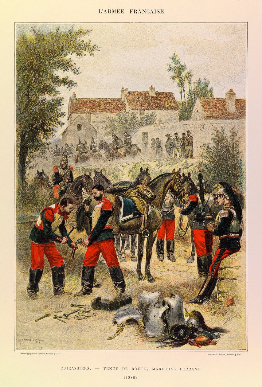 Typen und Uniformen der französischen Armee von Hauptmann Jules Richard, illustriert von Edouard Detaille: Kürassiere; Straßenhandhabung; Marschall Ferrant 1886 von Jean-Baptiste Edouard Detaille