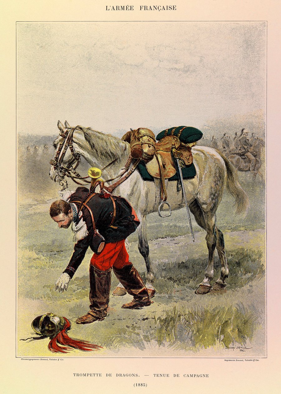 Typen und Uniformen der französischen Armee von Hauptmann Jules Richard, illustriert von Edouard Detaille: Dragoner-Trompeter in Landestracht, 1885 von Jean-Baptiste Edouard Detaille