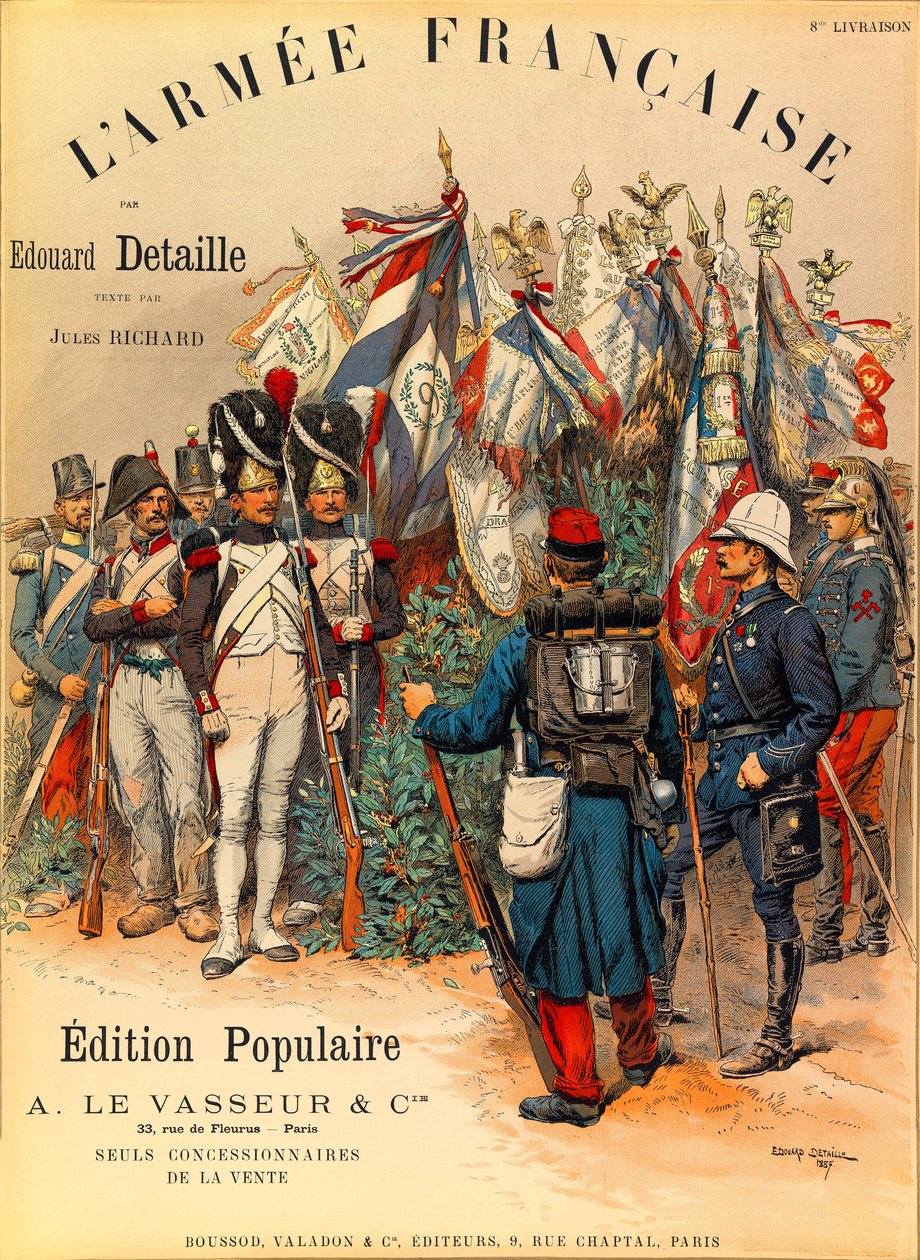 Typen und Uniformen der französischen Armee von Hauptmann Jules Richard, illustriert von Edouard Detaille: Erste Umschlagseite des Buches „L