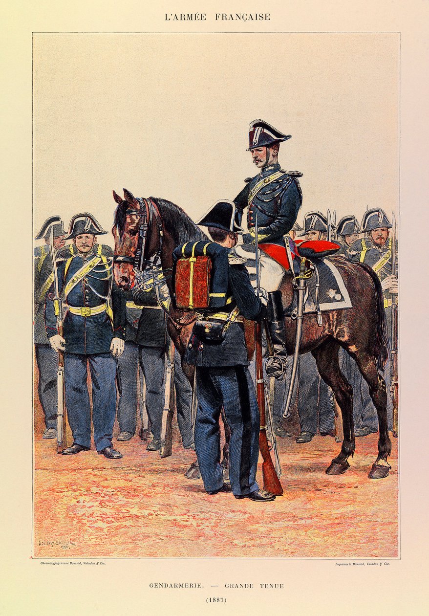 Typen und Uniformen der französischen Armee von Hauptmann Jules Richard, illustriert von Edouard Detaille: Gendarmerie in großer Uniform 1887, Teilweise Sammlung von Jean-Baptiste Edouard Detaille