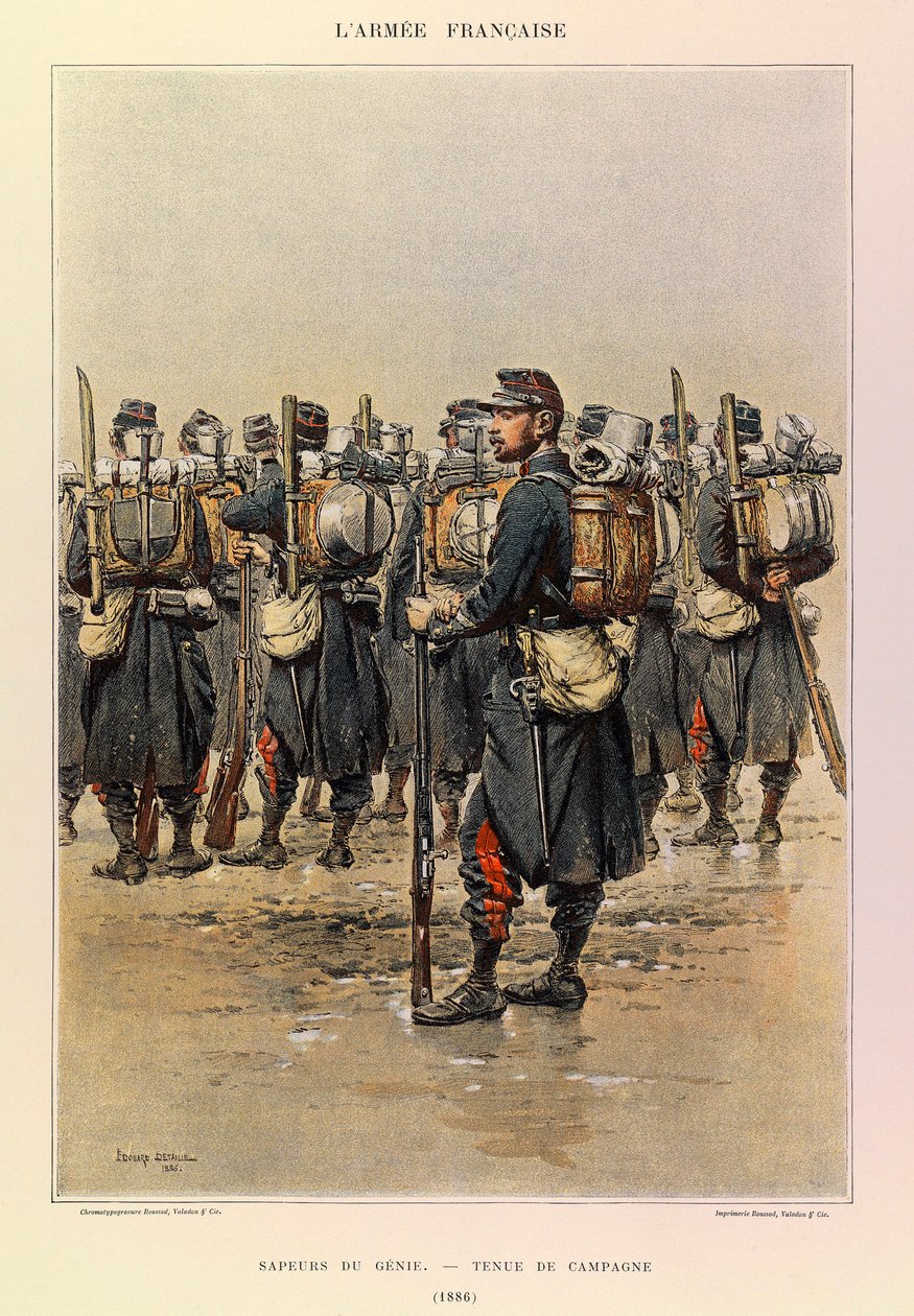 Typen und Uniformen der französischen Armee von Hauptmann Jules Richard, illustriert von Edouard Detaille: Pionier in Felduniform 1886, Private Sammlung von Jean Baptiste Edouard Detaille