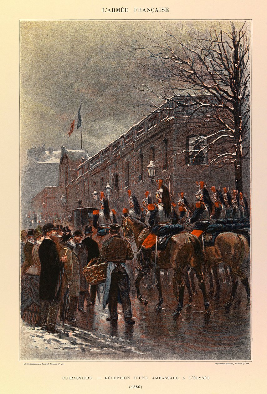 Typen und Uniformen der französischen Armee von Hauptmann Jules Richard, illustriert von Edouard Detaille: Kürassiere: Empfang einer Botschaft im Elysée 1886, Private Sammlung von Jean-Baptiste Edouard Detaille