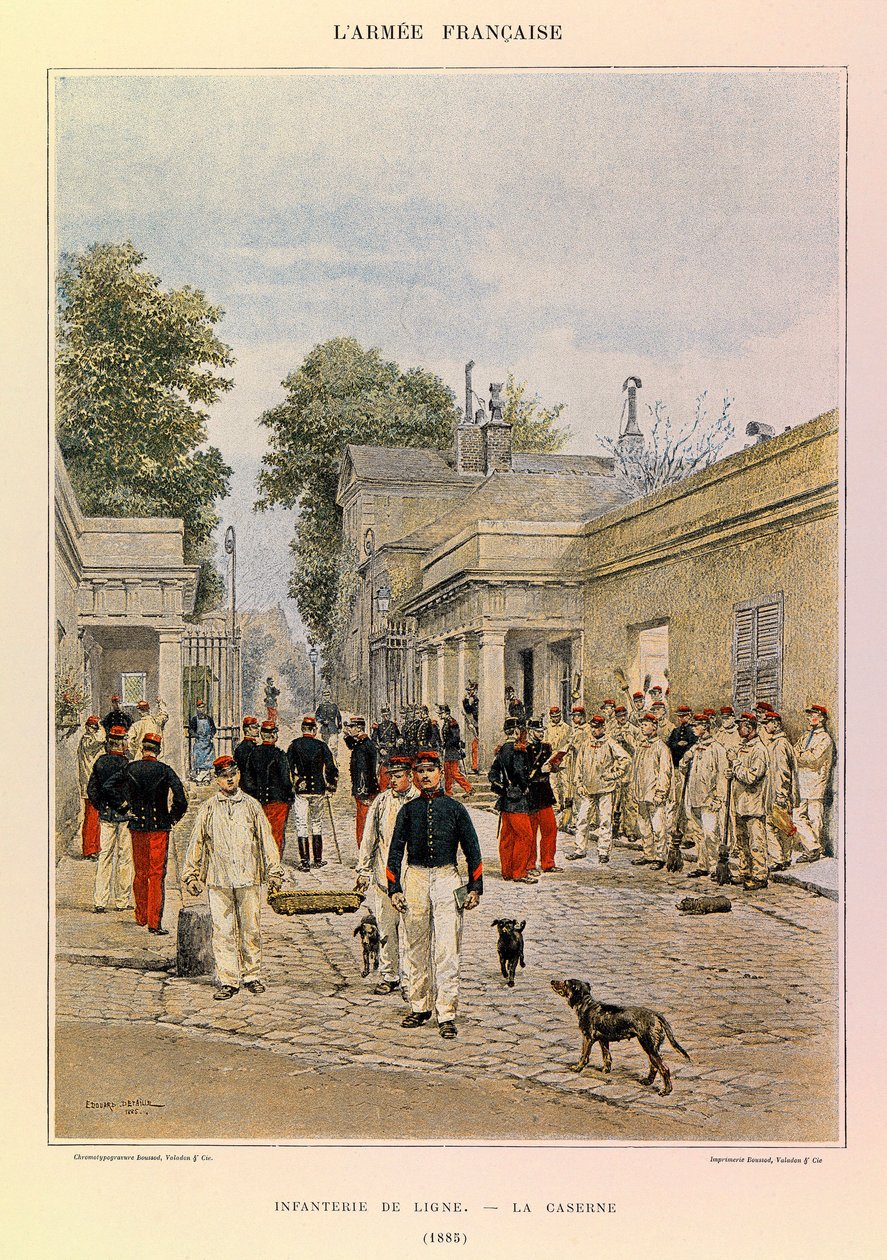 Typen und Uniformen der französischen Armee von Hauptmann Jules Richard, illustriert von Edouard Detaille: Linieninfanterie: Die Kaserne 1885, Private Sammlung von Jean-Baptiste Edouard Detaille
