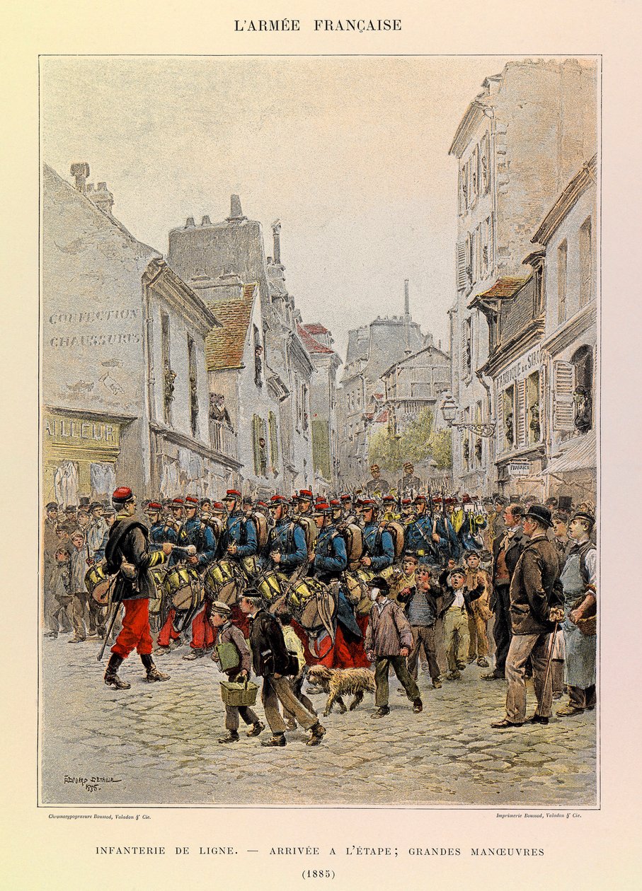 Typen und Uniformen der französischen Armee von Hauptmann Jules Richard, illustriert von Edouard Detaille: Linieninfanterie: Ankunft auf der Bühne während der großen Manöver 1885, Private Sammlung von Jean-Baptiste Edouard Detaille