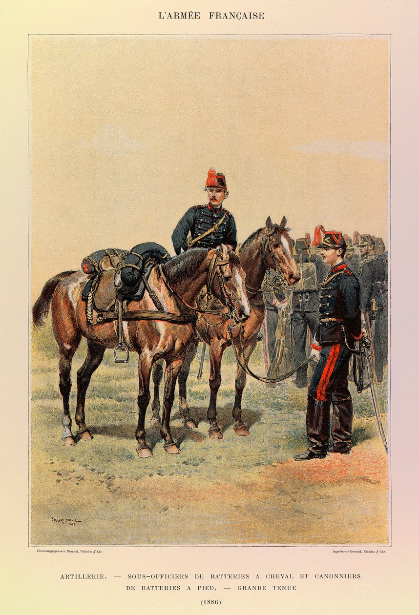 Typen und Uniformen der französischen Armee von Hauptmann Jules Richard, illustriert von Edouard Detaille: Artillerie: Unteroffiziere der Batterien zu Pferd und Kanoniere der Batterie zu Fuß in großer Uniform 1886 von Jean-Baptiste Edouard Detaille