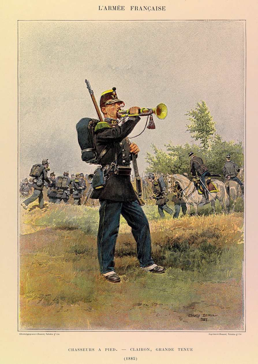 Typen und Uniformen der französischen Armee von Hauptmann Jules Richard, illustriert von Edouard Detaille: Jäger zu Fuß: Hornist in großer Uniform 1885 von Jean-Baptiste Edouard Detaille