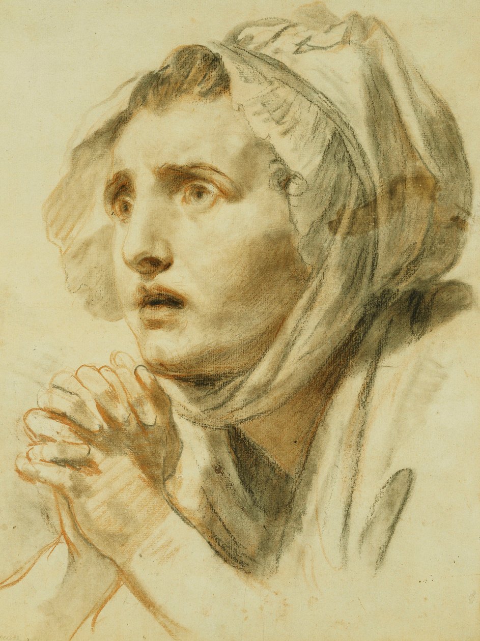 Porträt einer Frau, Büste, in einer Haube, mit gefalteten Händen von Jean-Baptiste Greuze