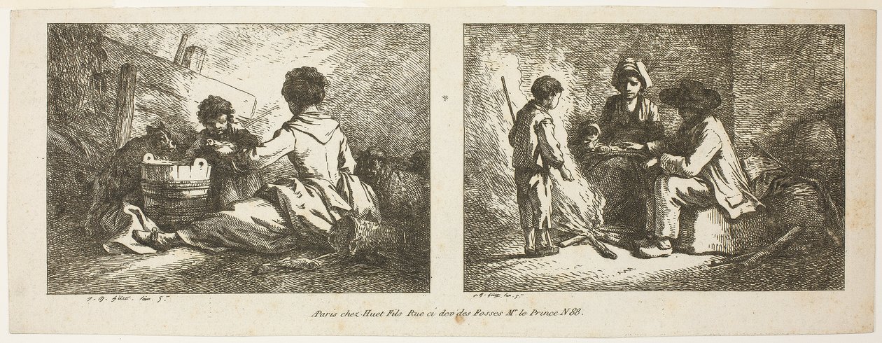 Kinder mit einem Hund und Schafen und Bauernfamilie am Feuer von Jean Baptiste Huet
