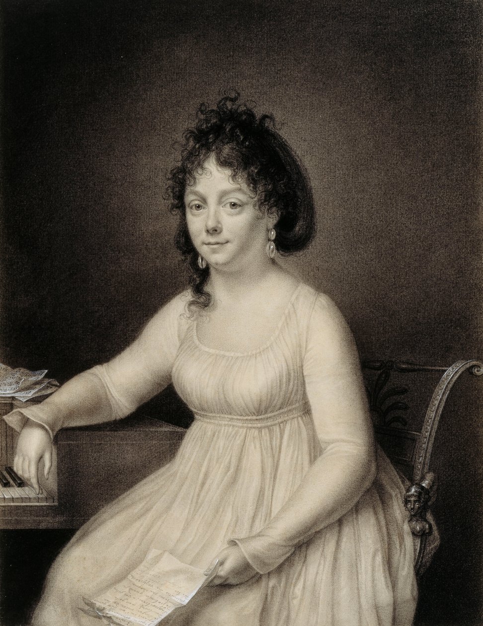 Eine sitzende Dame, dreiviertel Länge, vermutlich ein Mitglied der Familie des Künstlers, hält einen Brief in ihrer linken Hand und lehnt ihren rechten Arm auf die Seite eines Klaviers von Jean Baptiste Jacques Augustin