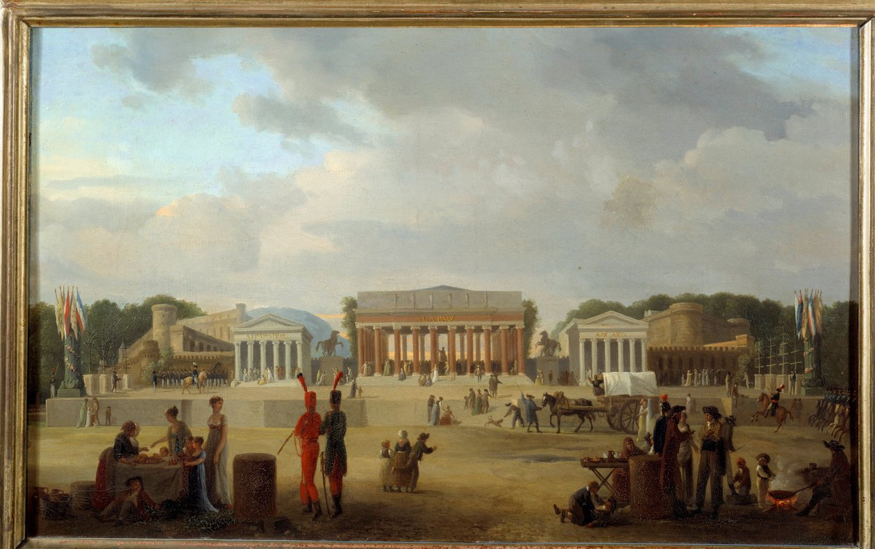 Ansicht des großen Theaters auf dem Place de la Concorde in Paris für das Fest des Friedens am 18. Nebelmonat Jahr X (9.11.1801) von Jean Baptiste Louis Cazin