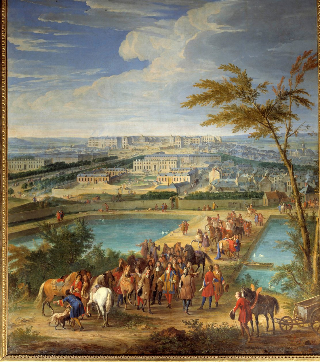 Ansicht der Stadt und des Schlosses von Versailles vom Hügel Montbauron aus, Louis XIV (1638-1715) und François Michel le Tellier, Marquis de Louvois, besuchen die neuen Reservoirs von Jean Baptiste Martin