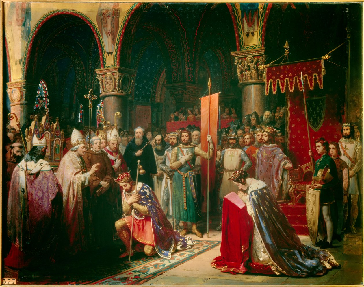 König Ludwig VII. nimmt das Oriflamme in der Basilika von Saint Denis in Anwesenheit von Königin Alienor von Aquitanien entgegen von Jean Baptiste Mauzaisse