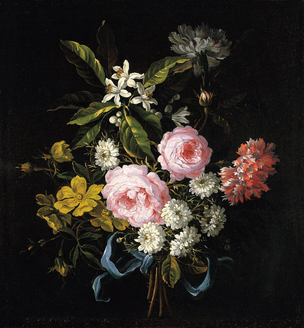 Blumenstrauß aus Kamille, Rosen, Orangenblüten und Nelken, mit einem blauen Band gebunden von Jean Baptiste Monnoyer