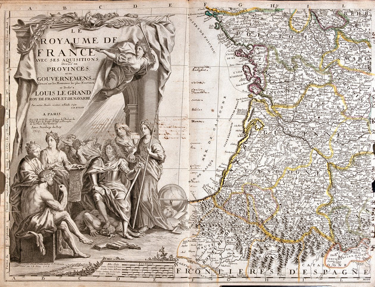 Karte von Guyenne und Gascogne, mit einem Porträt von Ludwig XIV. (1638-1715) umgeben von allegorischen Figuren von Jean Baptiste Nolin