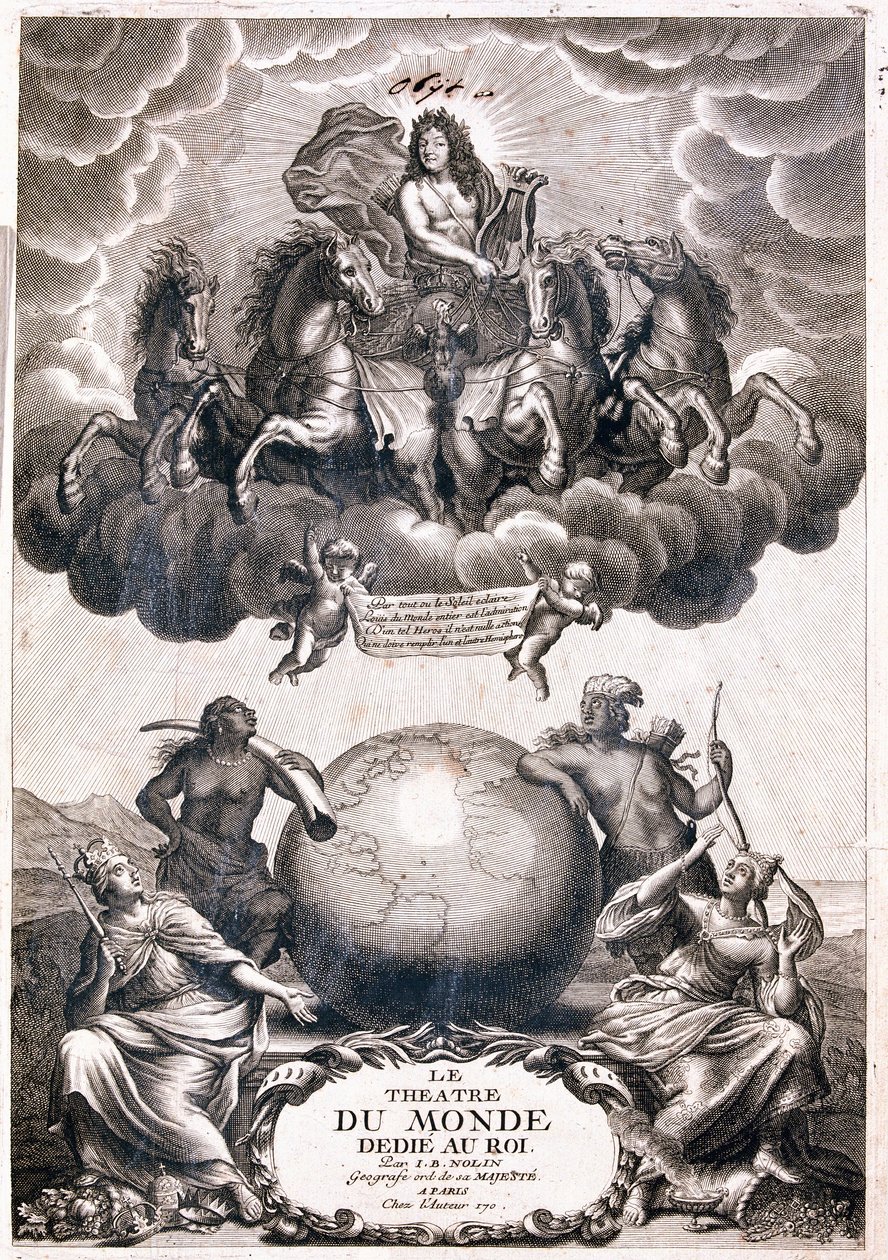 Porträt von Ludwig XIV., fliegend über einem Globus, Titelseite von Jean Baptiste Nolin