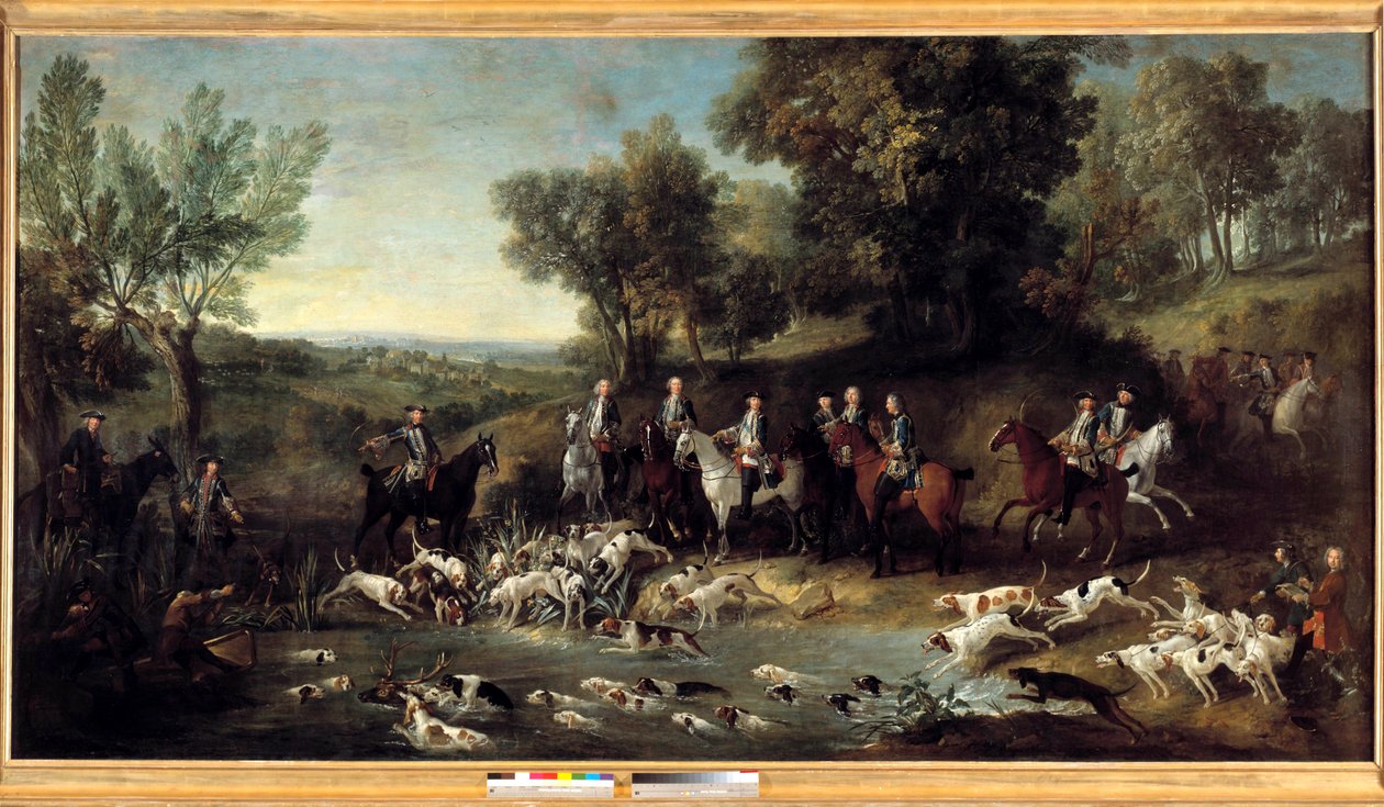 König Ludwig XV. jagt Hirsche im Wald von Saint Germain im Jahr 1730. Gemälde von Jean Baptiste Oudry (1686-1755) 1730 Toulouse, Musee des Augustins von Jean Baptiste Oudry