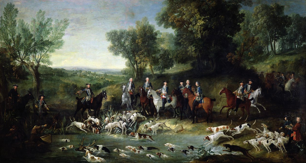 Ludwig XV. (1710-1774) bei der Hirschjagd im Wald von Saint-Germain, 1730 von Jean Baptiste Oudry