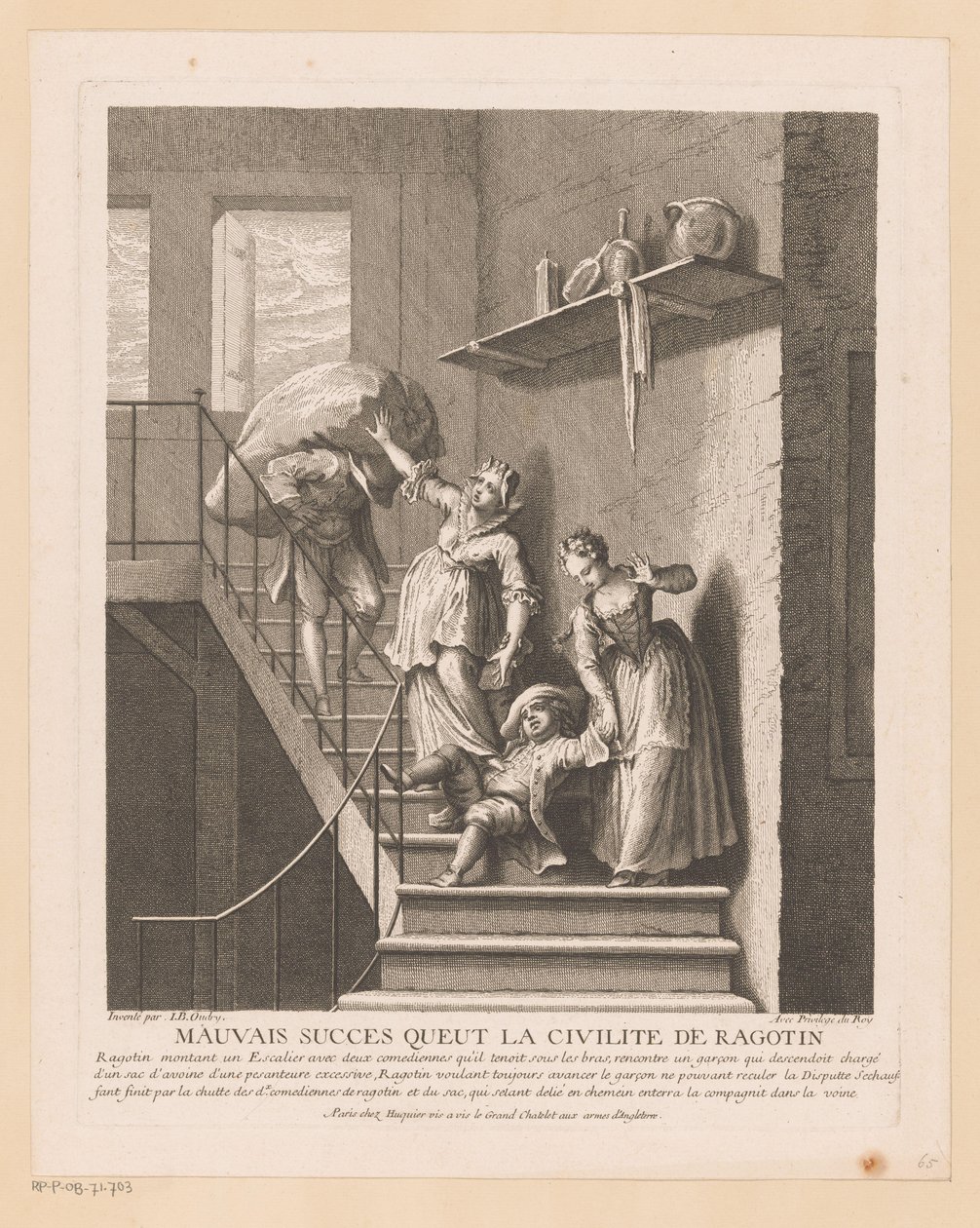 Ragotin mit zwei Damen auf einer Treppe von Jean Baptiste Oudry