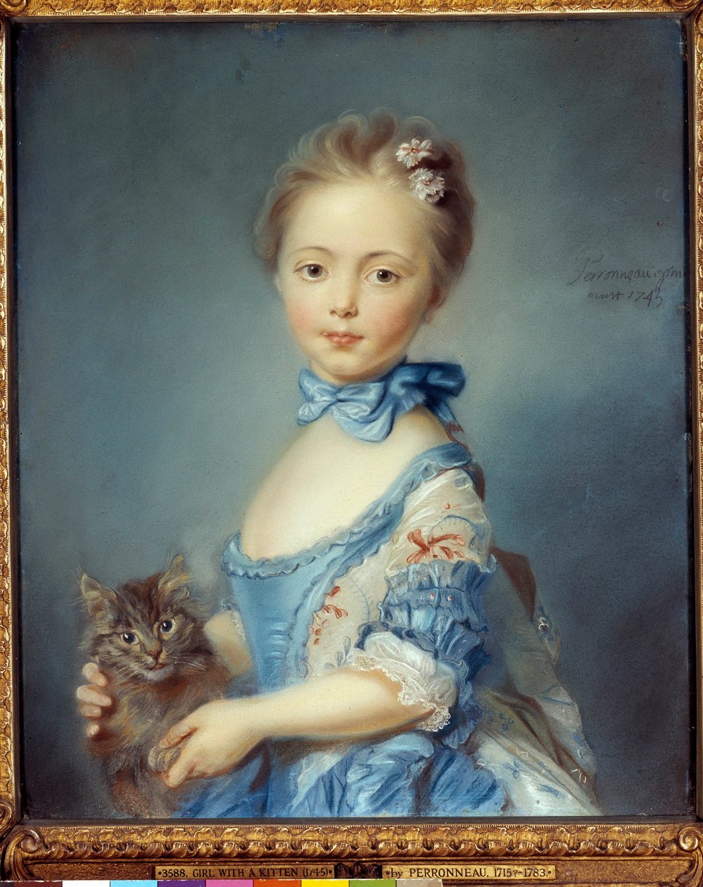 Porträt des jungen Mädchens mit Katze von Jean Baptiste Perronneau