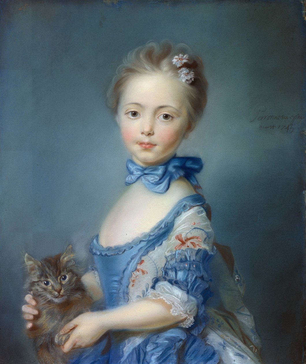Porträt des jungen Mädchens mit der Katze. Pastellgemälde von Jean-Baptiste Perronneau (1715-1783) von Jean Baptiste Perronneau