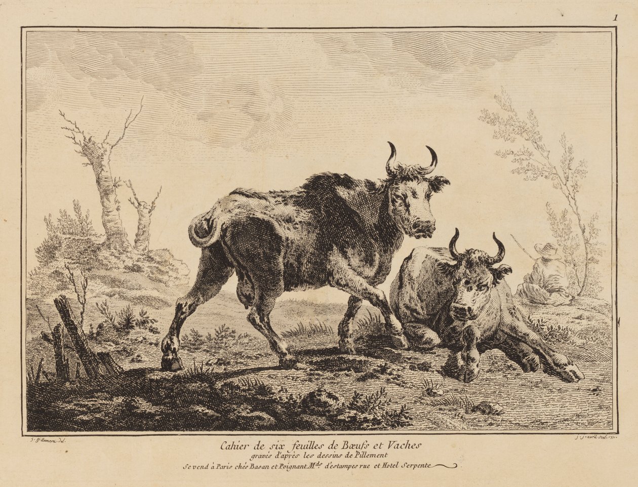 Heft mit sechs Blättern von Ochsen und Kühen von Jean Baptiste Pillement
