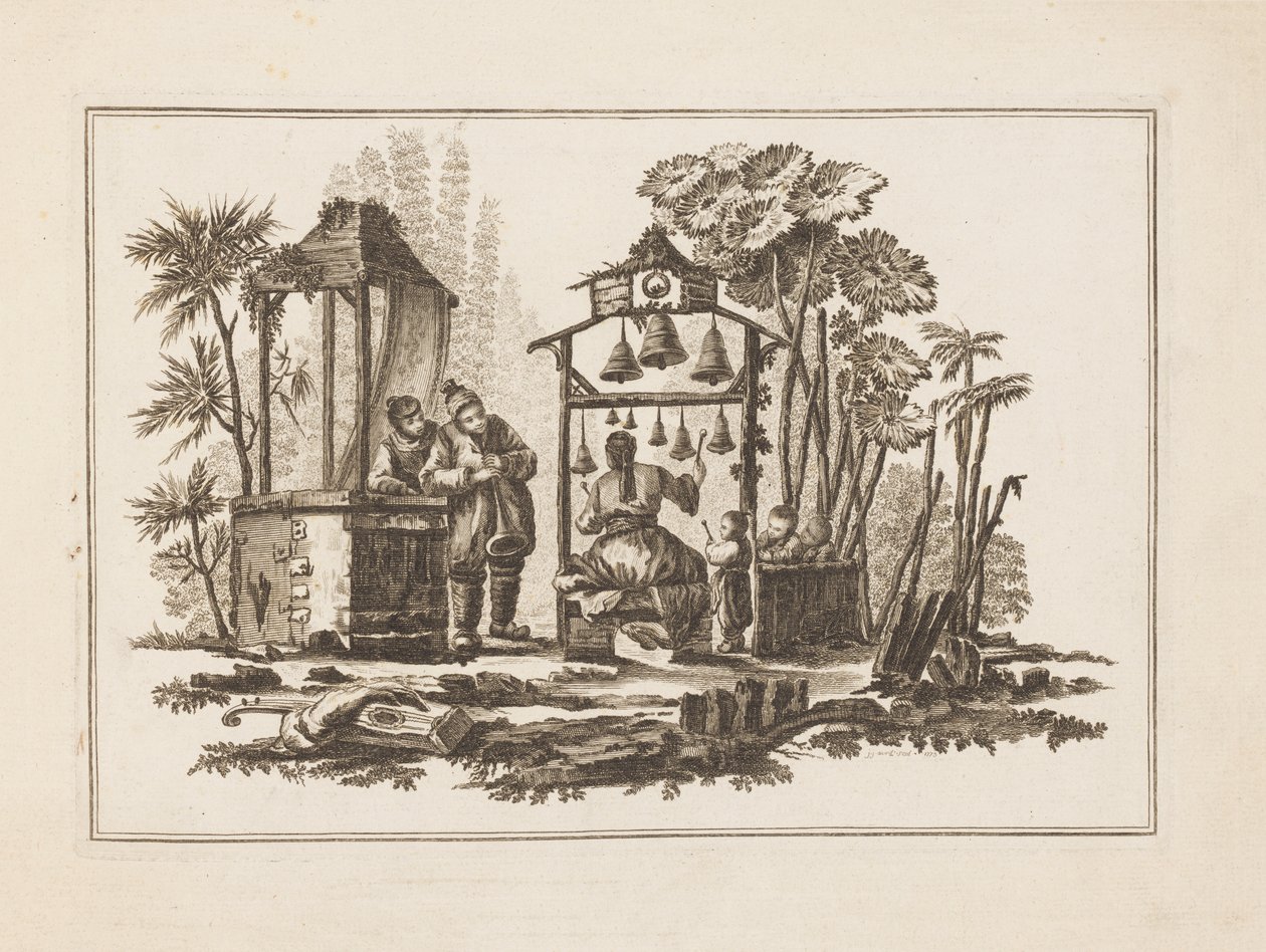 Figur, die Glocken spielt, aus "Nouveau Cahier de Six Feuilles De Différents Sujets Chinois Historiés" von Jean Baptiste Pillement
