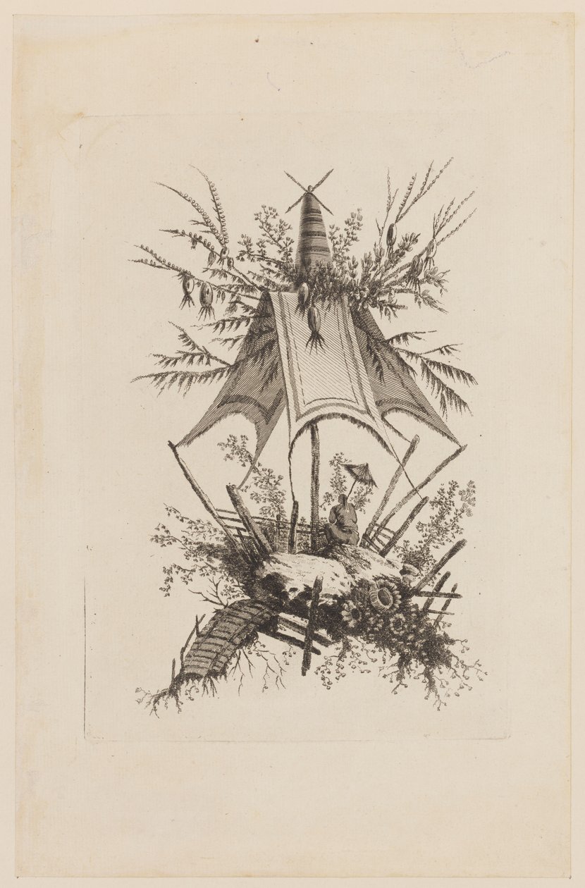Figur unter Zelt, aus "Recueil des Tentes Chinoises" von Jean Baptiste Pillement